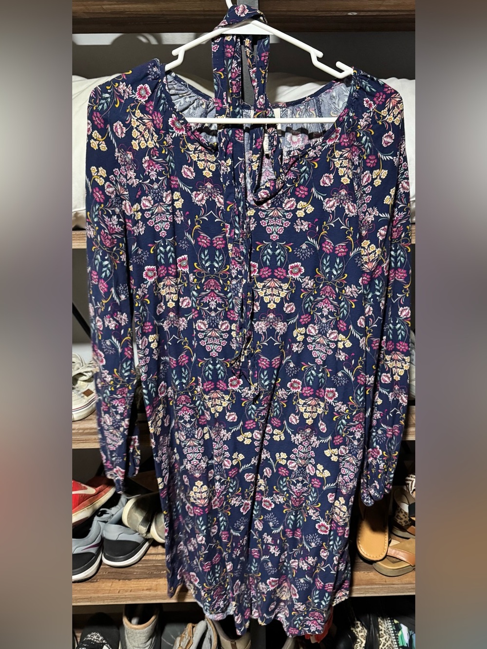 St. John's Bay Navy Floral Long-Sleeve Tie Belted Dress
